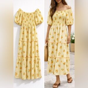 Oddi Yellow Gingham Citris Midi Smocked Off-Shoulder Tiered Dress Size Large